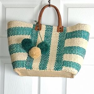 Mar Y Sol Straw Leather Teal Blue Beige Tote w/ Pom Poms